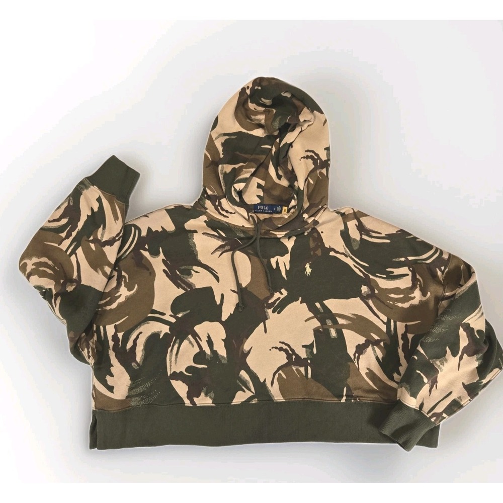 Polo Ralph Lauren Hoodie Women's Medium Green‎ Camo Pony Cropped Fleece Pullover